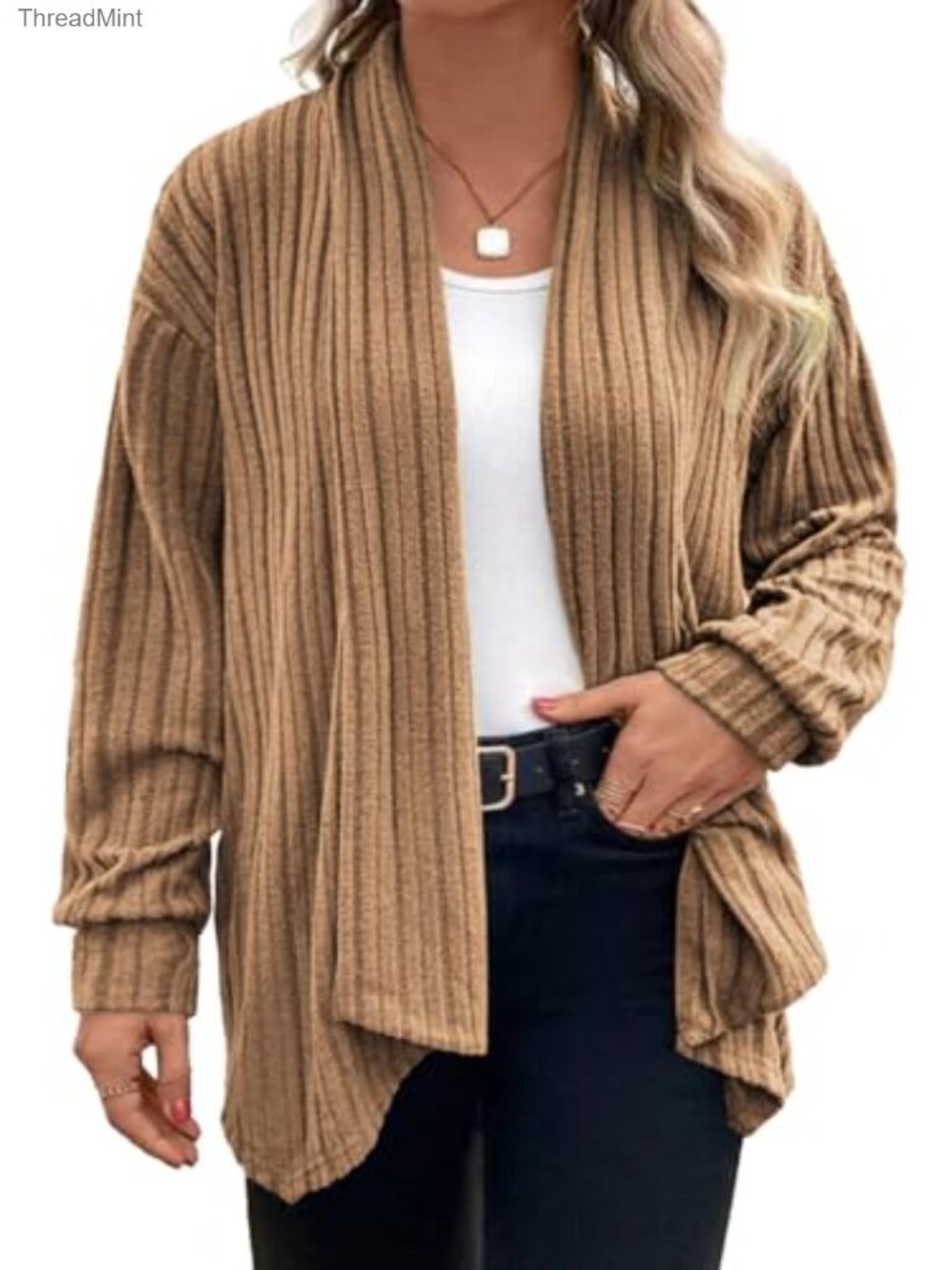 Plus Size Long Sleeve Knit Cardigan Asymmetrical Hem Lightweight Sweater
